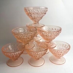 9 Vintage Jeanette Pink Depression‎ Glass Holiday Buttons & Bows Sherbet Cups